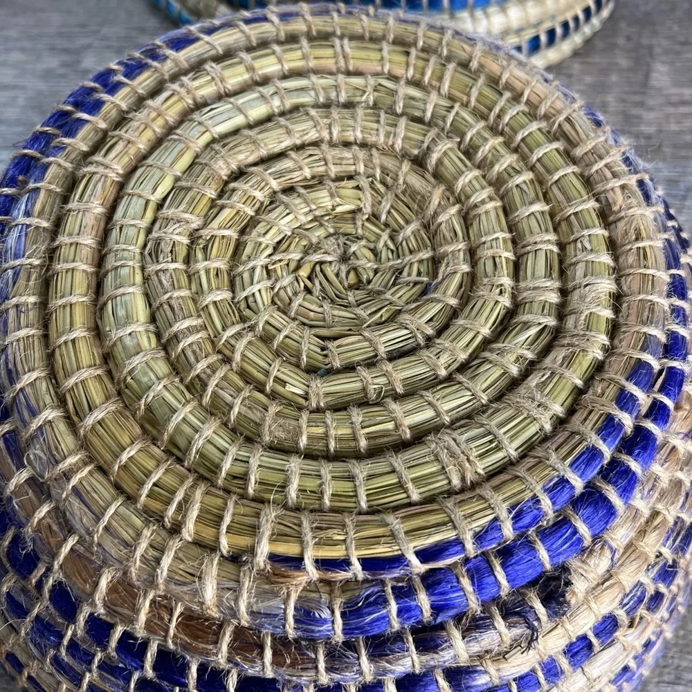 Woven baskets big 12” decor storage Boho coastal home set of two‎ blue